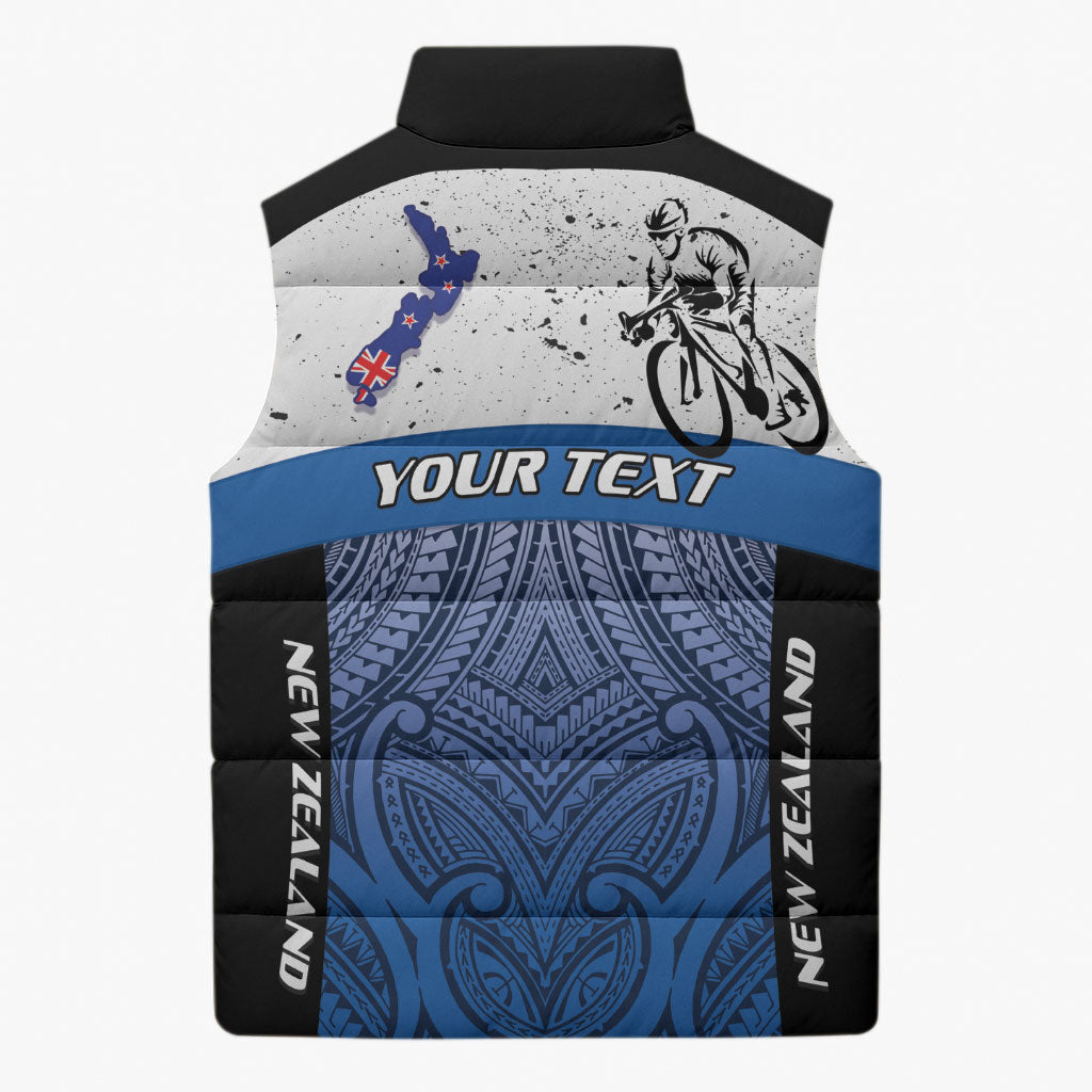Personalised Cycling New Zealand Sleeveless Puffer Jacket Aotearoa Map Fern Maori Pattern