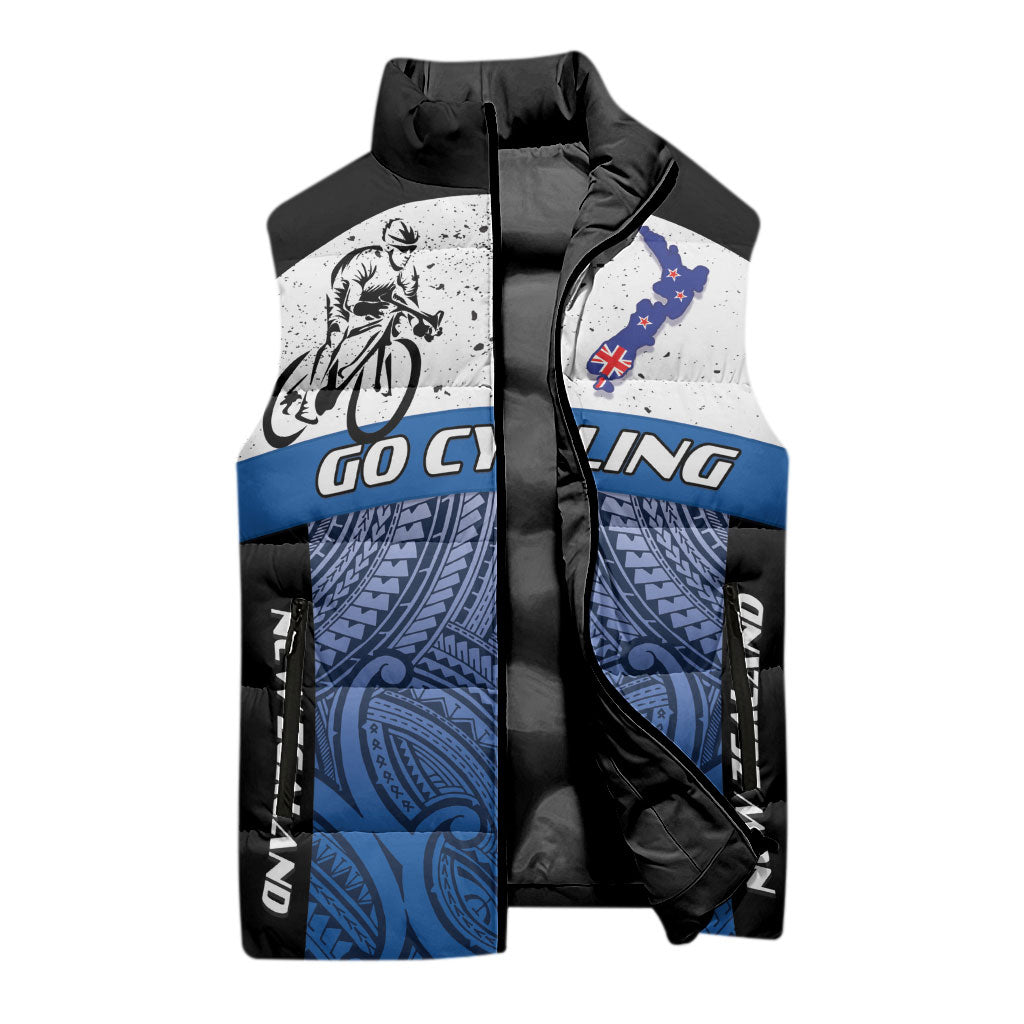 Personalised Cycling New Zealand Sleeveless Puffer Jacket Aotearoa Map Fern Maori Pattern
