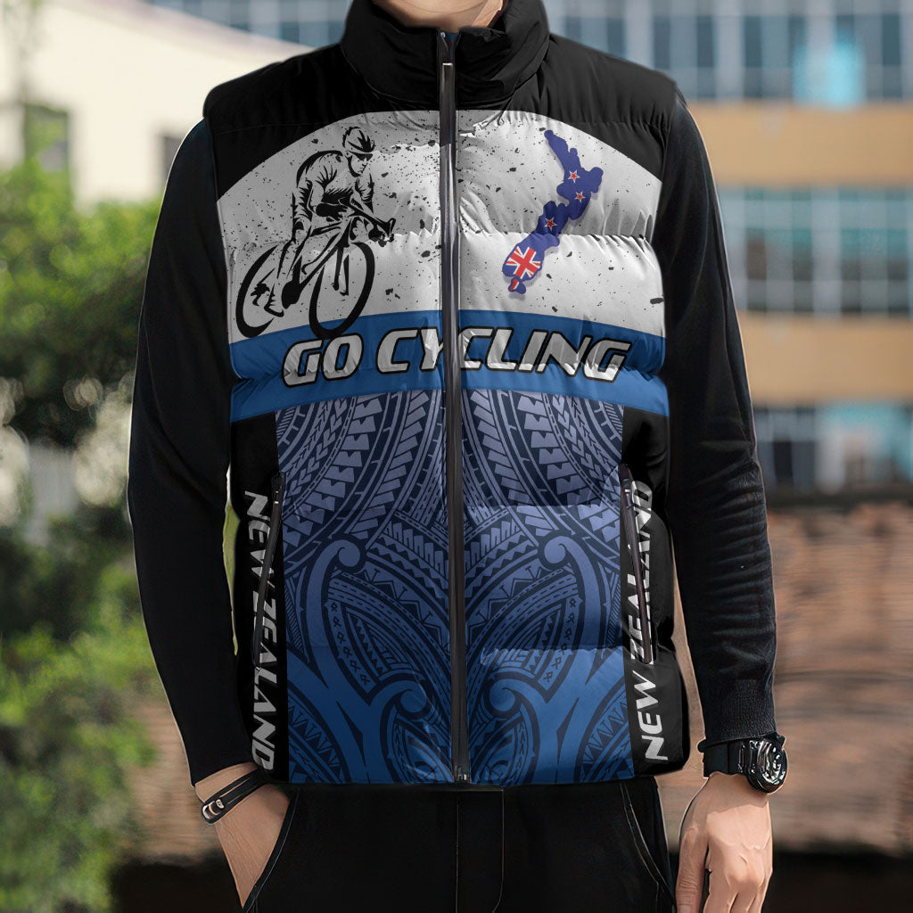 Personalised Cycling New Zealand Sleeveless Puffer Jacket Aotearoa Map Fern Maori Pattern