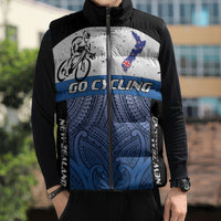 Personalised Cycling New Zealand Sleeveless Puffer Jacket Aotearoa Map Fern Maori Pattern