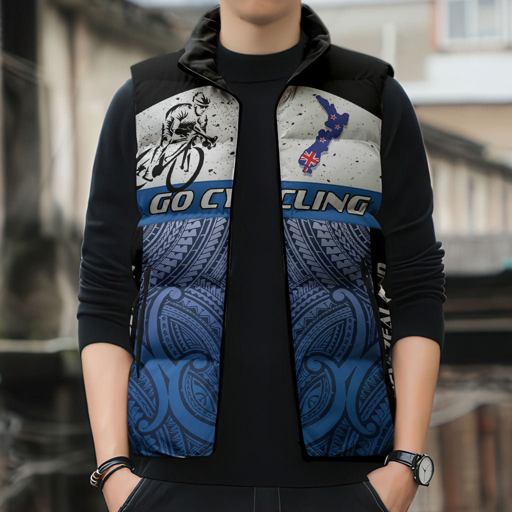Personalised Cycling New Zealand Sleeveless Puffer Jacket Aotearoa Map Fern Maori Pattern