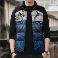 Personalised Cycling New Zealand Sleeveless Puffer Jacket Aotearoa Map Fern Maori Pattern