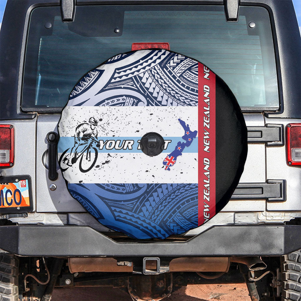 Personalised Cycling New Zealand Spare Tire Cover Aotearoa Map Fern Maori Pattern LT22 Blue - Polynesian Pride