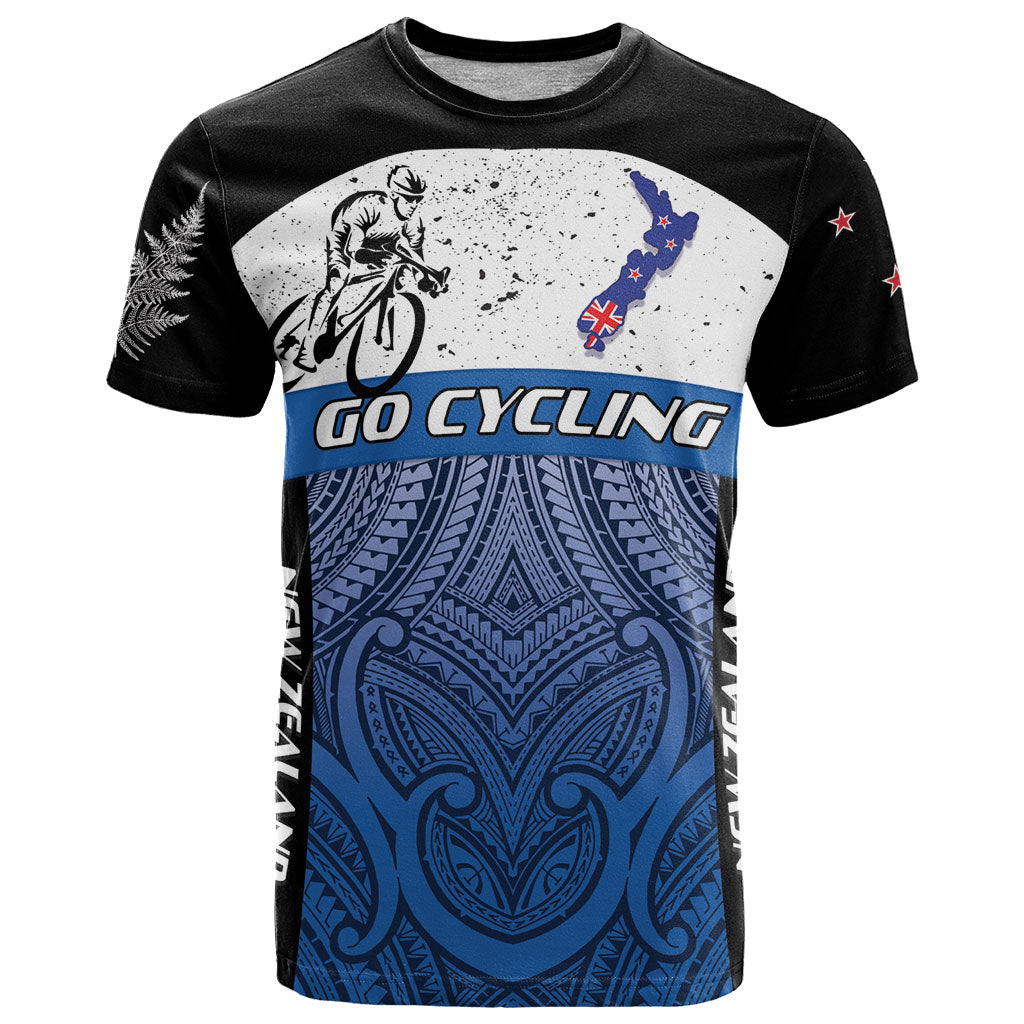 Personalised Cycling New Zealand T Shirt Aotearoa Map Fern Maori Pattern LT22 Blue - Polynesian Pride