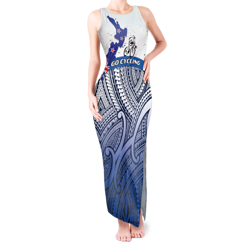 Personalised Cycling New Zealand Tank Maxi Dress Aotearoa Map Fern Maori Pattern LT22 Women Blue - Polynesian Pride
