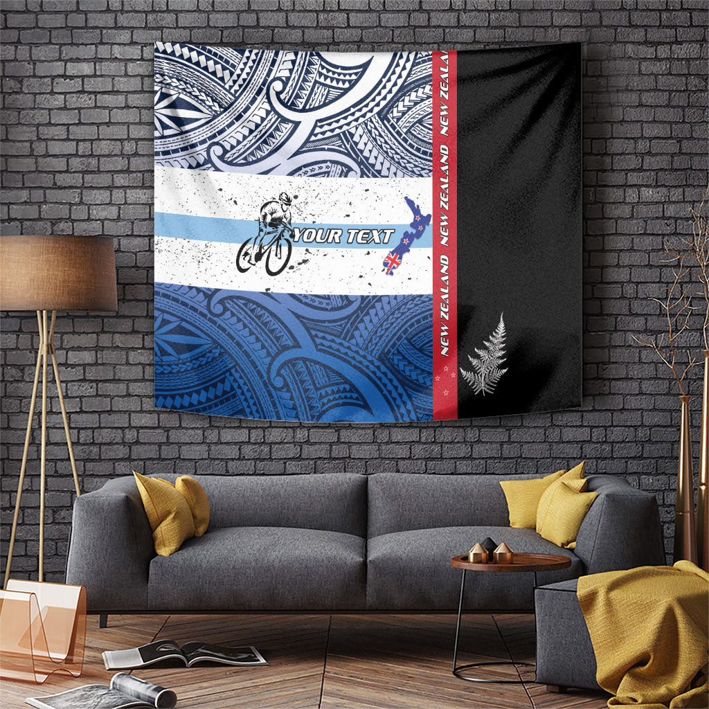 Personalised Cycling New Zealand Tapestry Aotearoa Map Fern Maori Pattern LT22 Blue - Polynesian Pride
