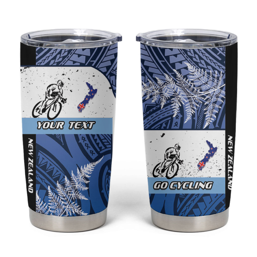 Personalised Cycling New Zealand Tumbler Cup Aotearoa Map Fern Maori Pattern LT22 Blue - Polynesian Pride