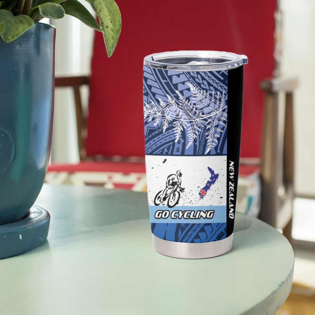 Personalised Cycling New Zealand Tumbler Cup Aotearoa Map Fern Maori Pattern LT22 - Polynesian Pride
