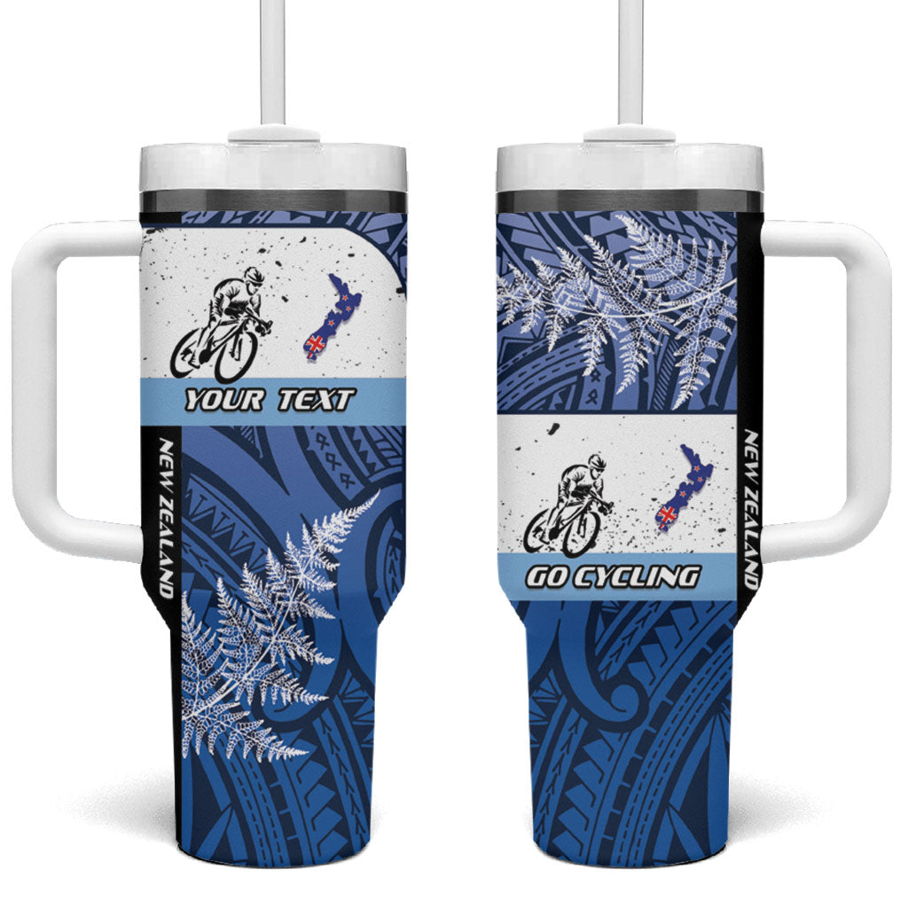 Personalised Cycling New Zealand Tumbler With Handle Aotearoa Map Fern Maori Pattern LT22 One Size: 40 oz Blue - Polynesian Pride