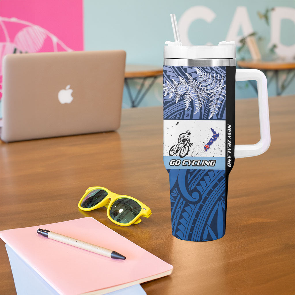 Personalised Cycling New Zealand Tumbler With Handle Aotearoa Map Fern Maori Pattern LT22 - Polynesian Pride