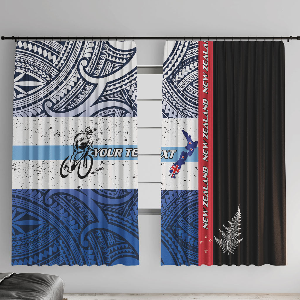 Personalised Cycling New Zealand Window Curtain Aotearoa Map Fern Maori Pattern LT22 With Hooks Blue - Polynesian Pride