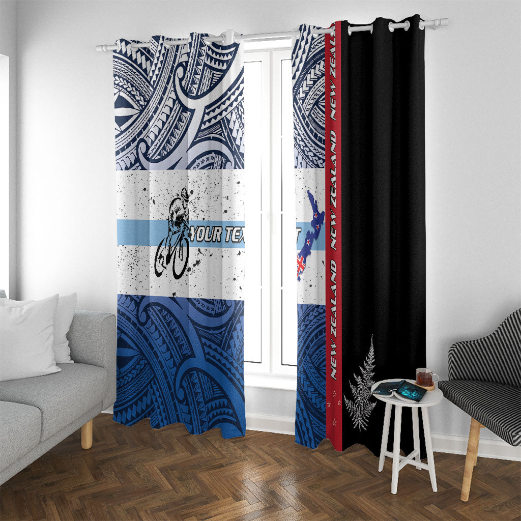 Personalised Cycling New Zealand Window Curtain Aotearoa Map Fern Maori Pattern LT22 With Grommets Blue - Polynesian Pride