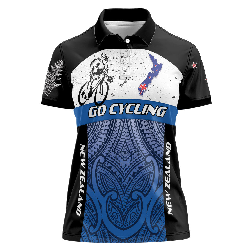 Personalised Cycling New Zealand Women Polo Shirt Aotearoa Map Fern Maori Pattern LT22 Female Blue - Polynesian Pride