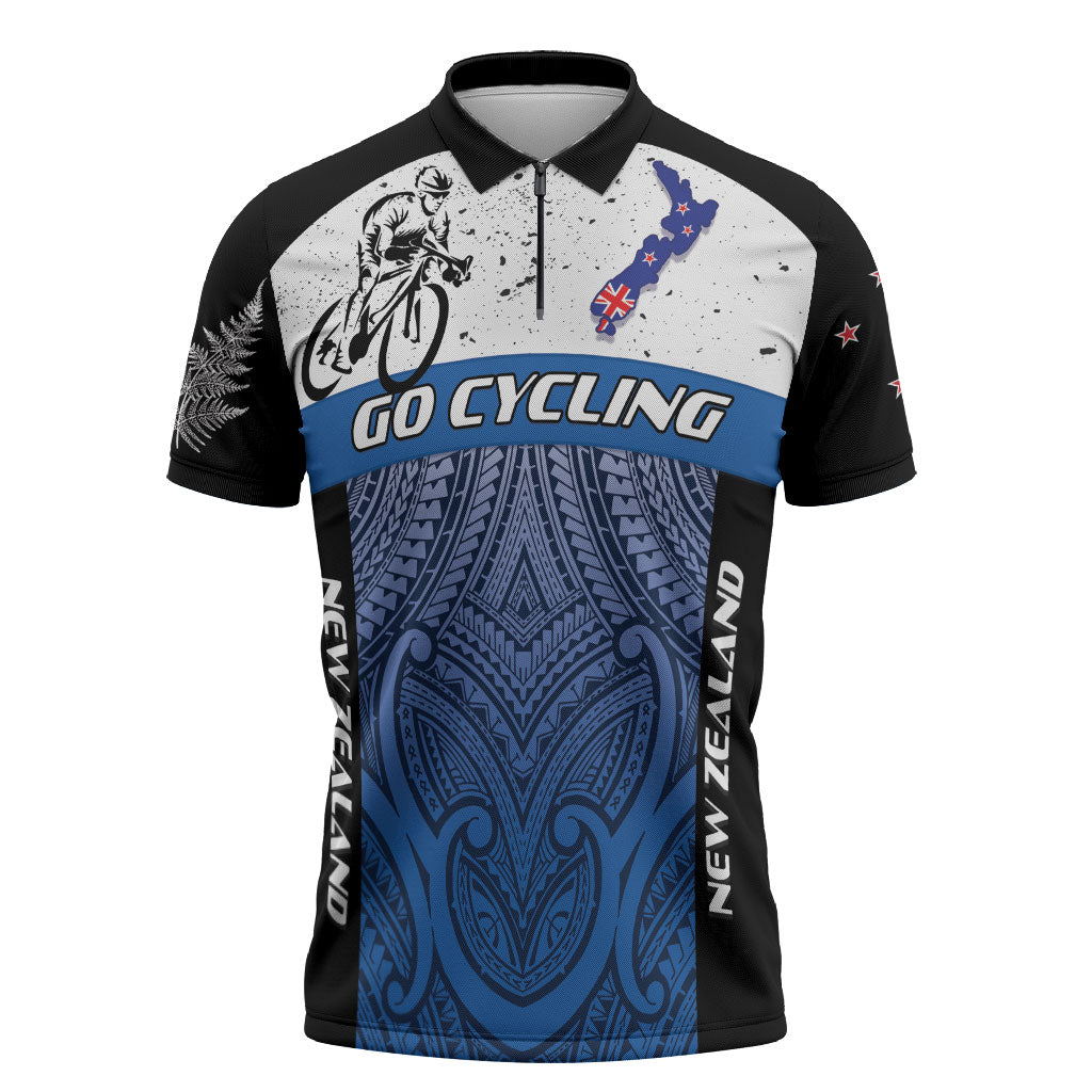 Personalised Cycling New Zealand Zipper Polo Shirt Aotearoa Map Fern Maori Pattern