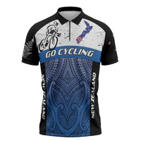 Personalised Cycling New Zealand Zipper Polo Shirt Aotearoa Map Fern Maori Pattern