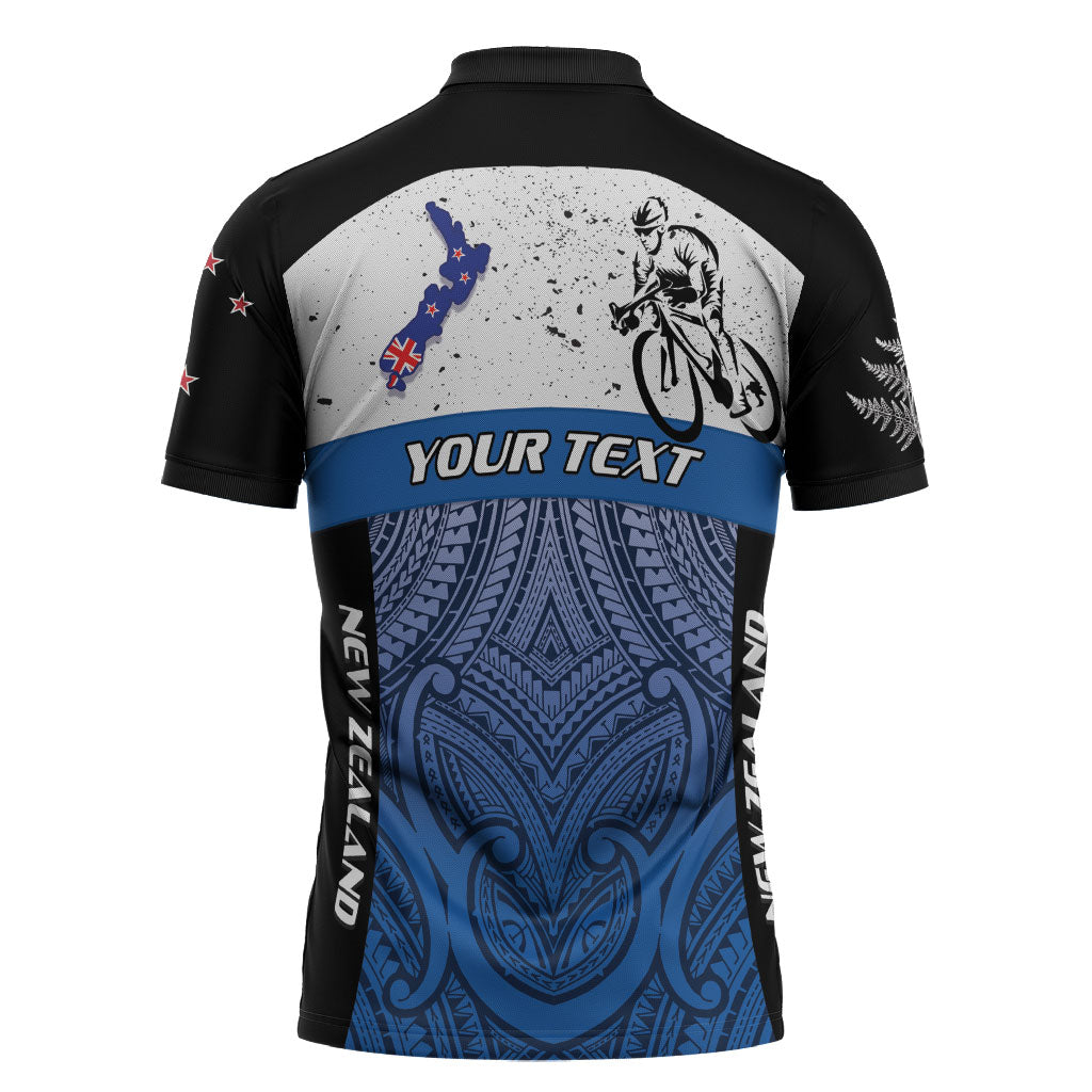 Personalised Cycling New Zealand Zipper Polo Shirt Aotearoa Map Fern Maori Pattern