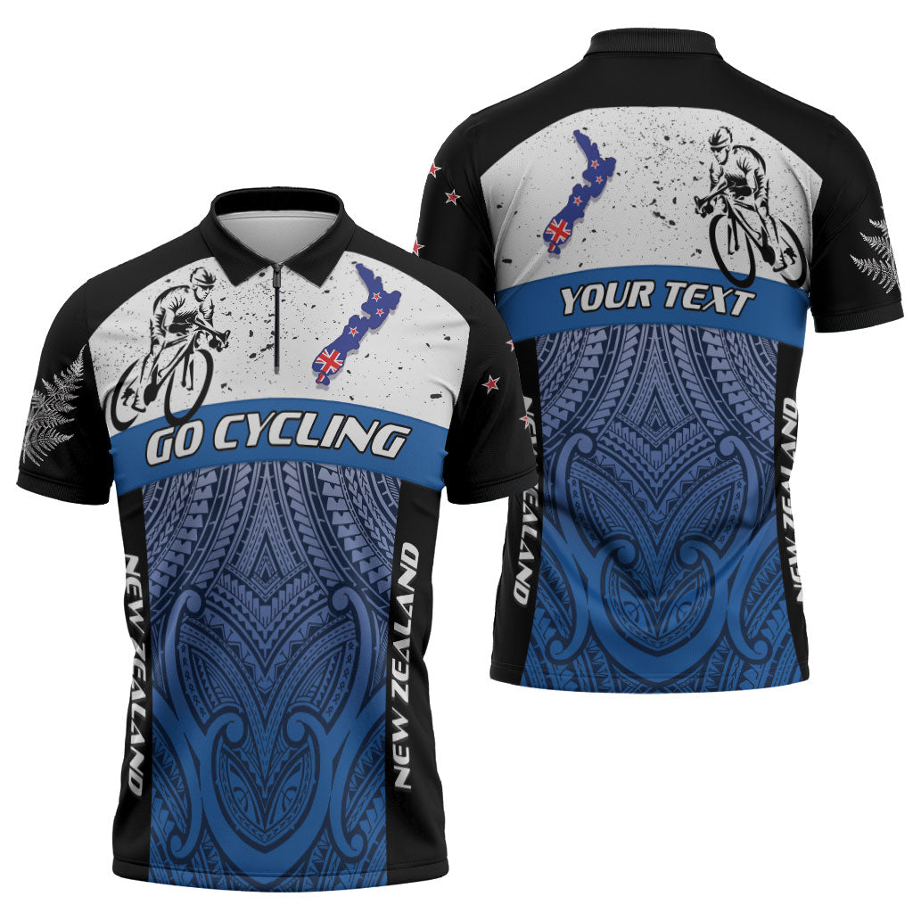 Personalised Cycling New Zealand Zipper Polo Shirt Aotearoa Map Fern Maori Pattern