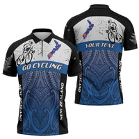Personalised Cycling New Zealand Zipper Polo Shirt Aotearoa Map Fern Maori Pattern