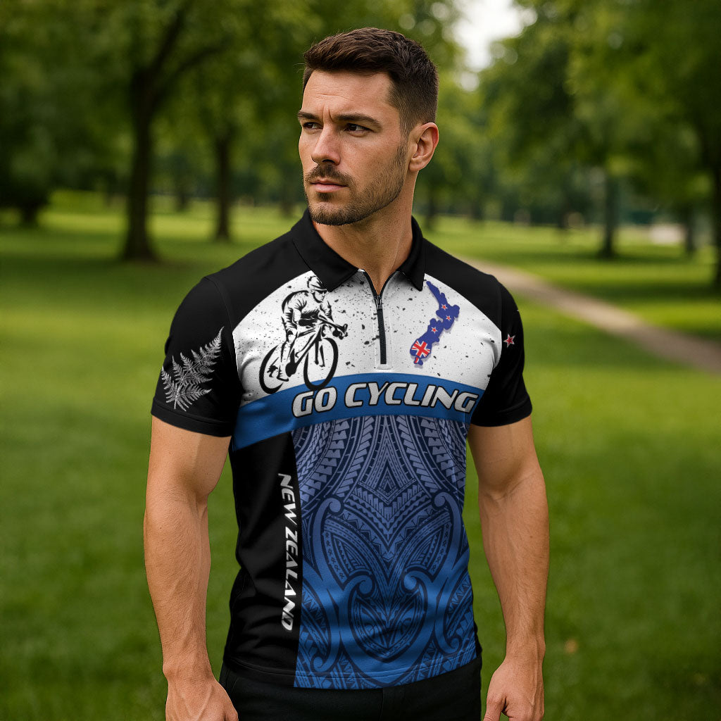 Personalised Cycling New Zealand Zipper Polo Shirt Aotearoa Map Fern Maori Pattern