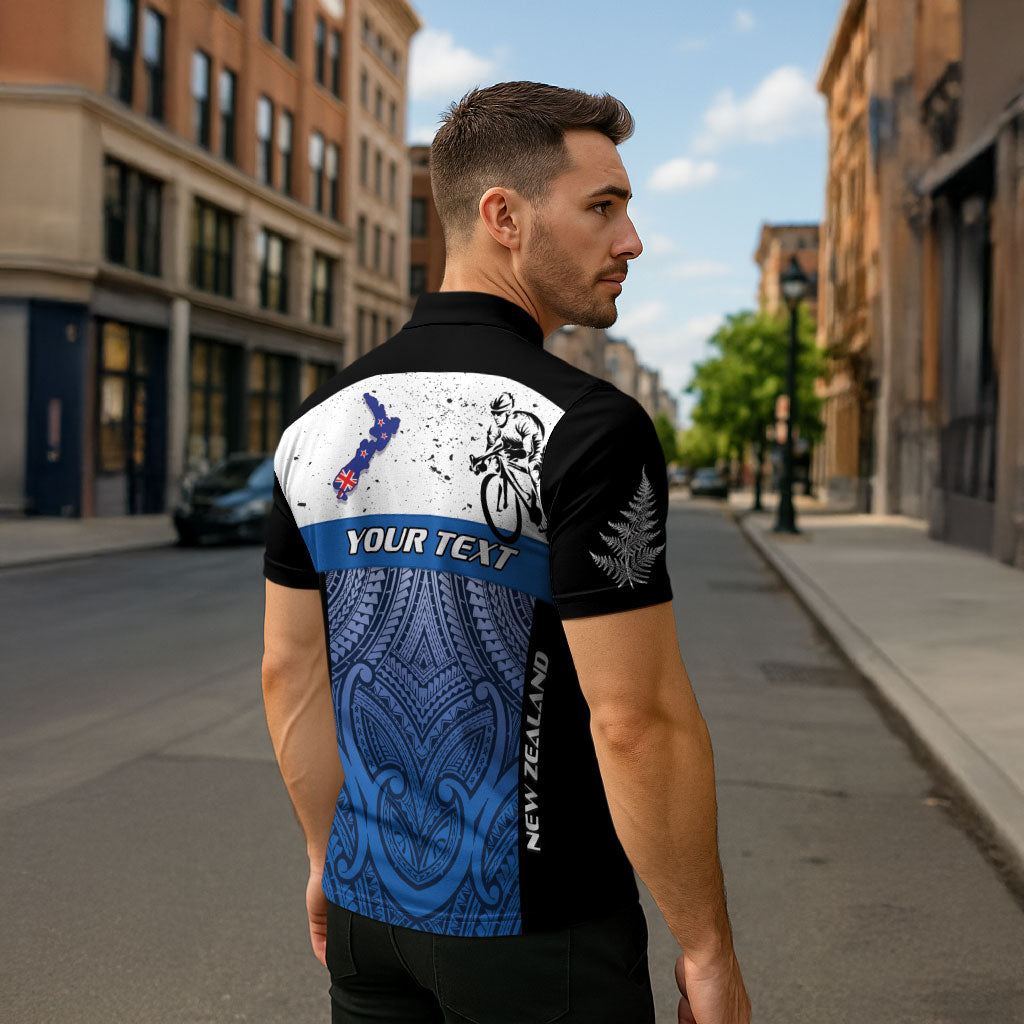 Personalised Cycling New Zealand Zipper Polo Shirt Aotearoa Map Fern Maori Pattern