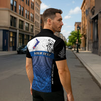 Personalised Cycling New Zealand Zipper Polo Shirt Aotearoa Map Fern Maori Pattern