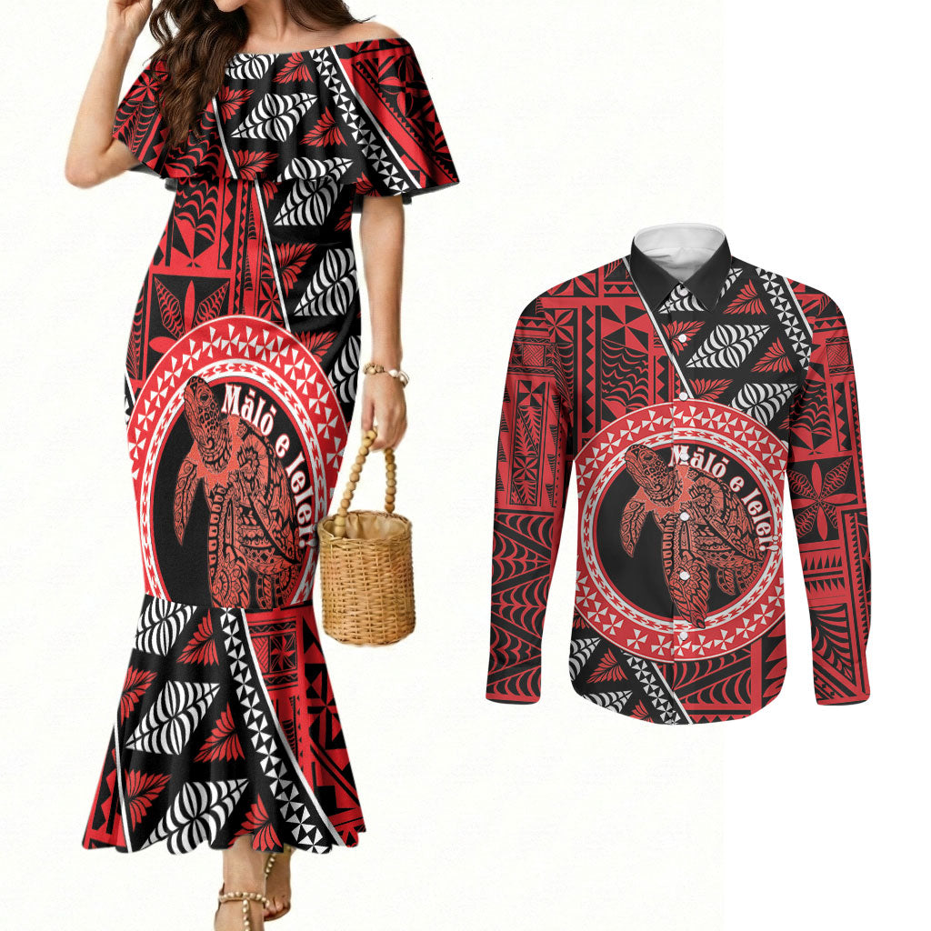 Personalised Tonga Language Week Couples Matching Mermaid Dress and Long Sleeve Button Shirt Heilala Turtle Malo E Lelei
