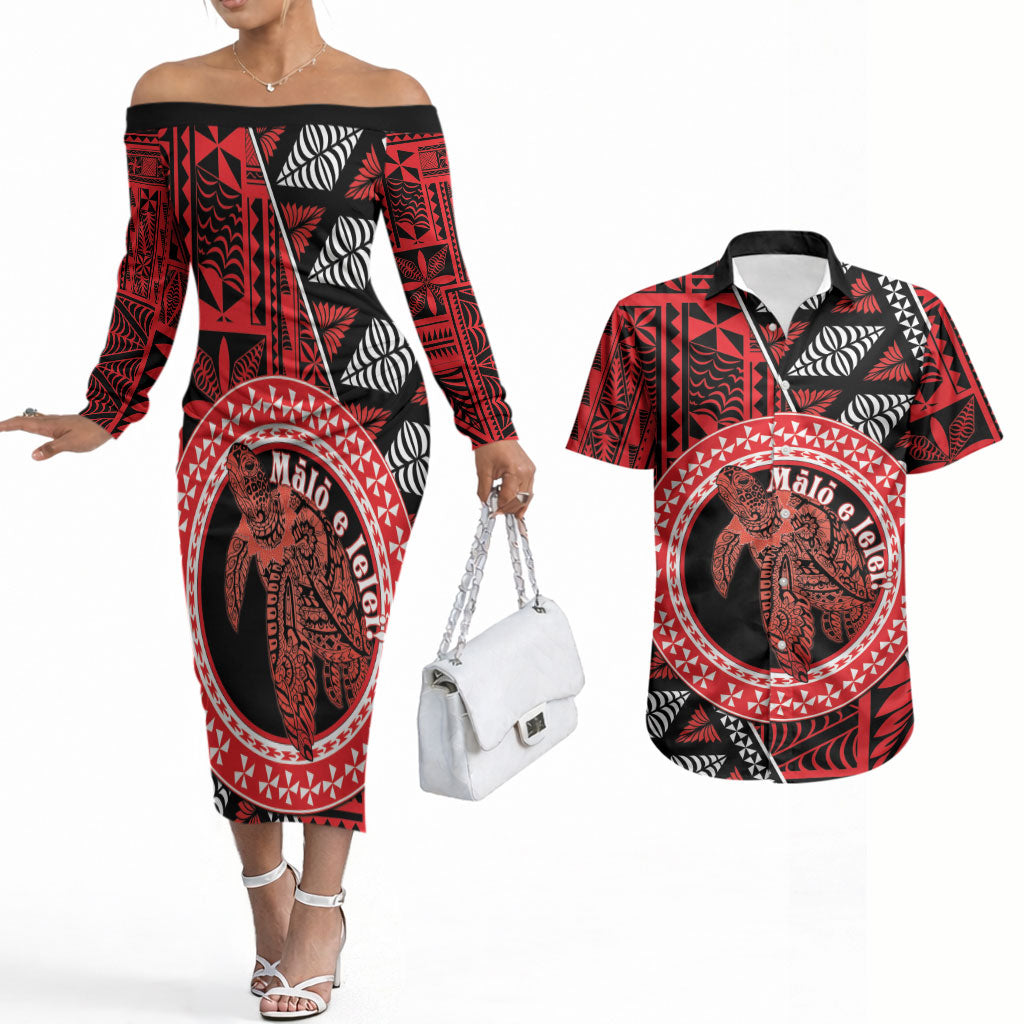 Personalised Tonga Language Week Couples Matching Off The Shoulder Long Sleeve Dress and Hawaiian Shirt Heilala Turtle Malo E Lelei