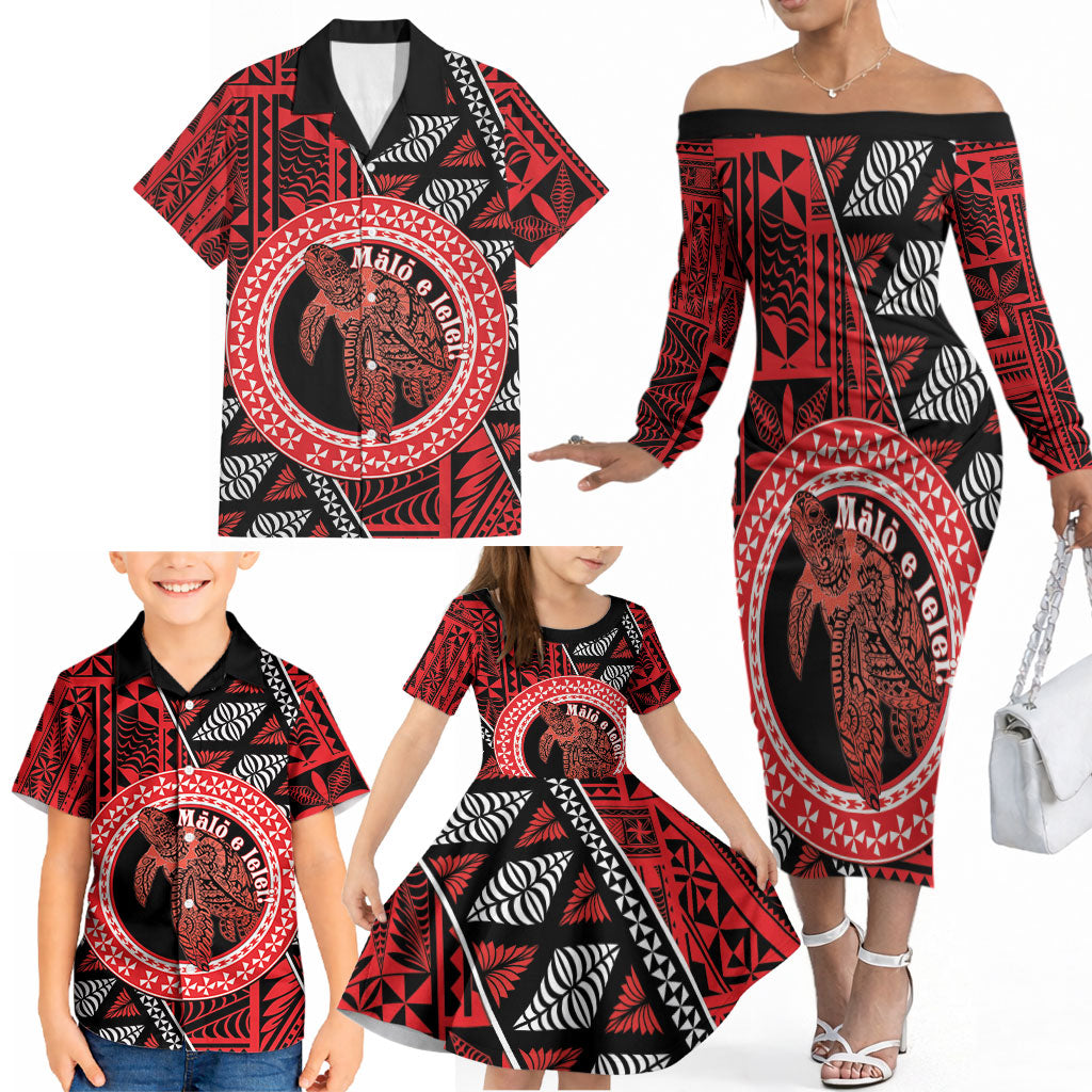 Personalised Tonga Language Week Family Matching Off The Shoulder Long Sleeve Dress and Hawaiian Shirt Heilala Turtle Malo E Lelei