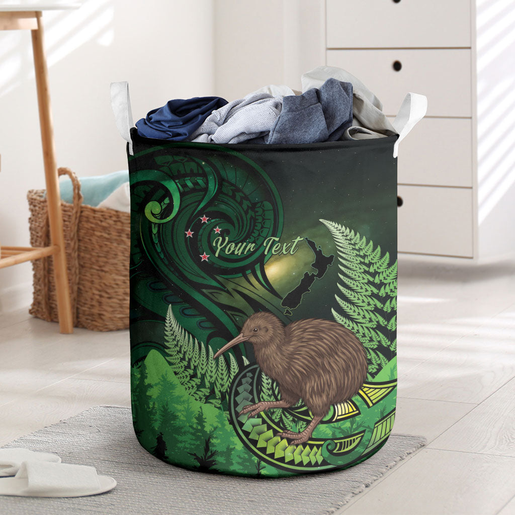 Kiwi New Zealand Personalised Laundry Basket Aotearoa Map Silver Fern Koru Pattern