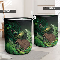 Kiwi New Zealand Personalised Laundry Basket Aotearoa Map Silver Fern Koru Pattern