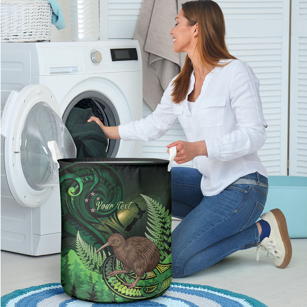 Kiwi New Zealand Personalised Laundry Basket Aotearoa Map Silver Fern Koru Pattern