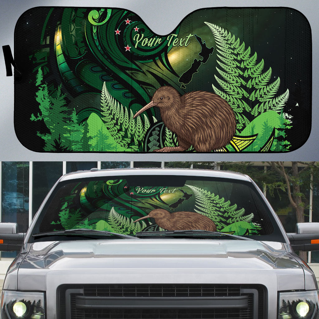 Kiwi New Zealand Personalised Auto Sun Shade Aotearoa Map Silver Fern Koru Pattern
