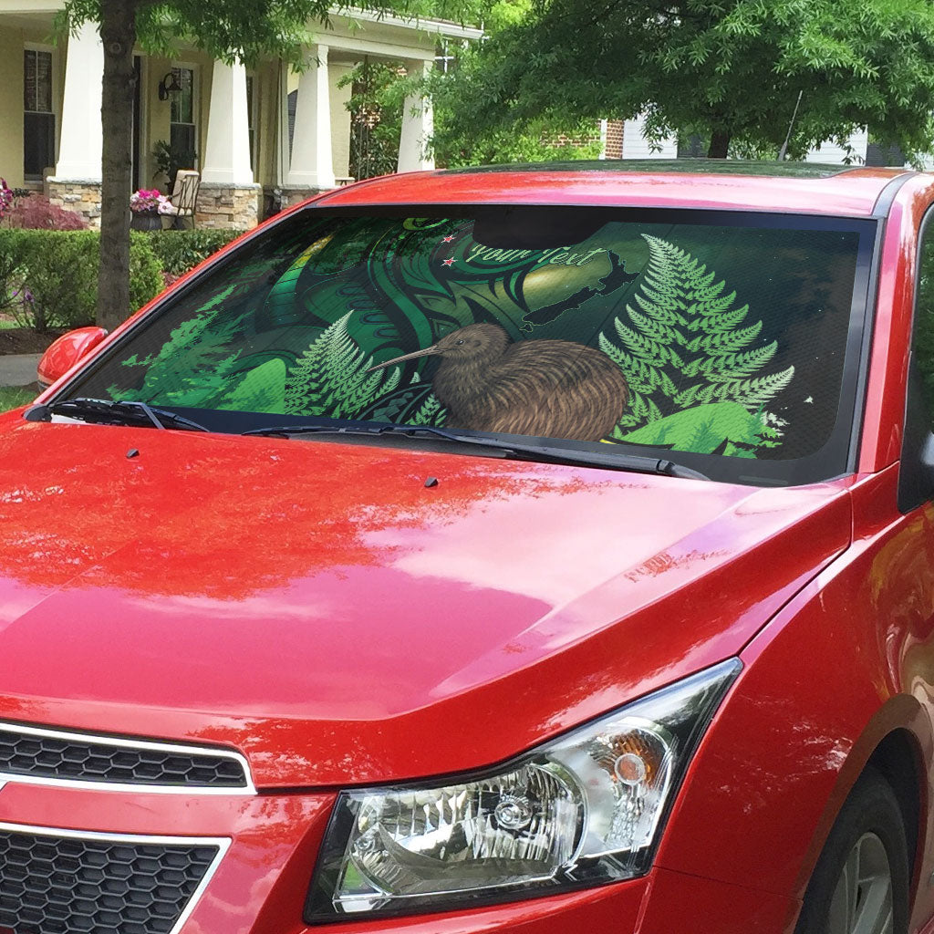 Kiwi New Zealand Personalised Auto Sun Shade Aotearoa Map Silver Fern Koru Pattern LT22 - Polynesian Pride