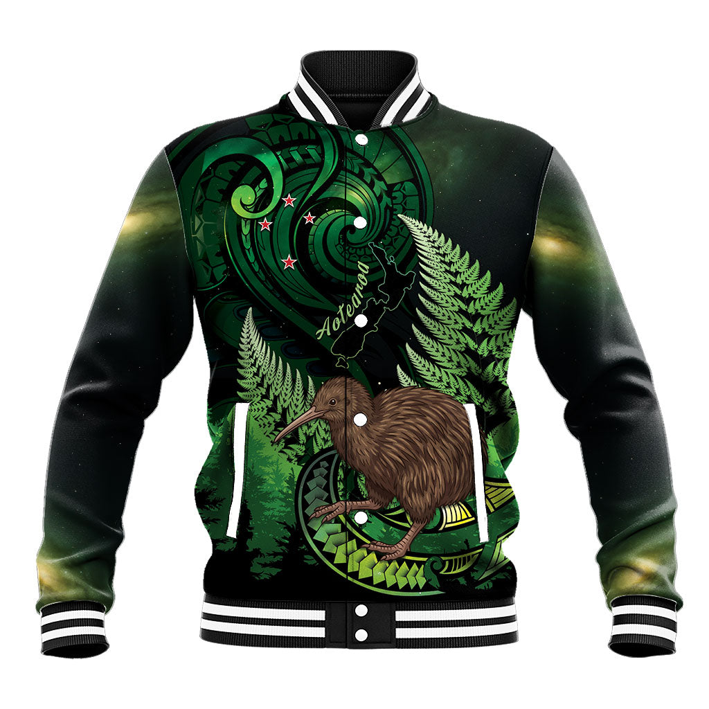Kiwi New Zealand Personalised Baseball Jacket Aotearoa Map Silver Fern Koru Pattern LT22 Unisex Green - Polynesian Pride