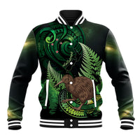 Kiwi New Zealand Personalised Baseball Jacket Aotearoa Map Silver Fern Koru Pattern LT22 Unisex Green - Polynesian Pride