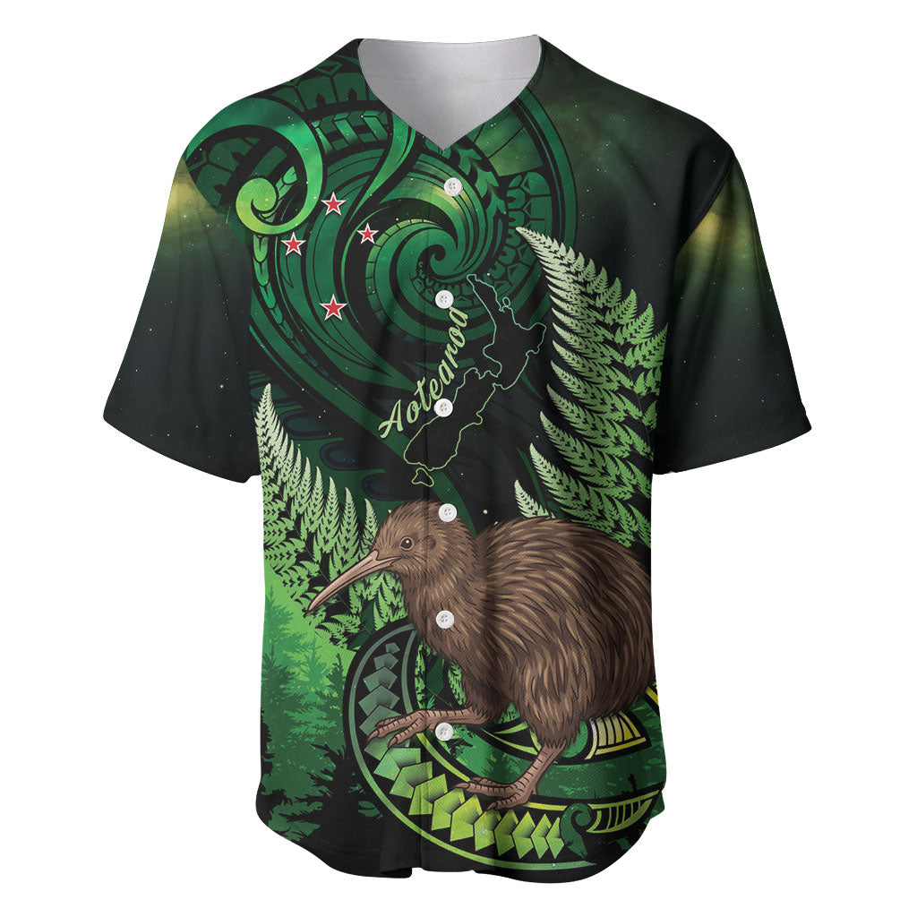 Kiwi New Zealand Personalised Baseball Jersey Aotearoa Map Silver Fern Koru Pattern LT22 Green - Polynesian Pride