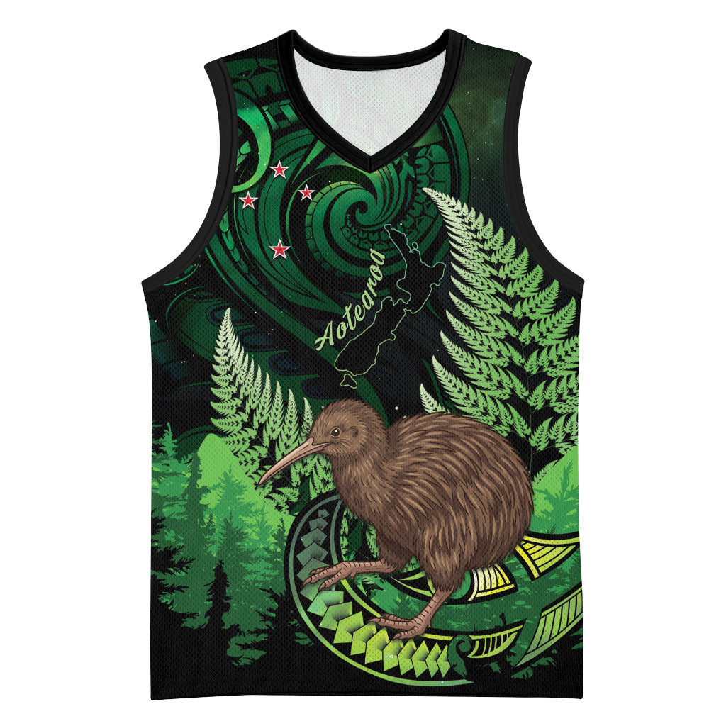 Kiwi New Zealand Personalised Basketball Jersey Aotearoa Map Silver Fern Koru Pattern LT22 Unisex Green - Polynesian Pride