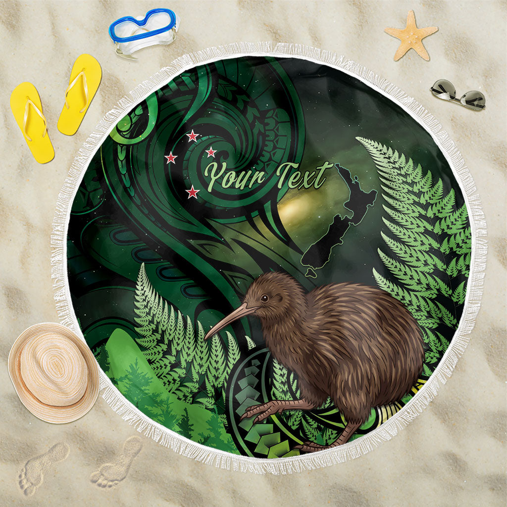 Kiwi New Zealand Personalised Beach Blanket Aotearoa Map Silver Fern Koru Pattern LT22 One Size 150cm Green - Polynesian Pride