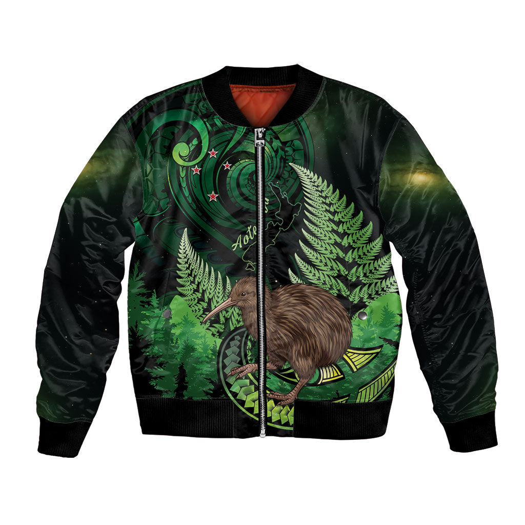 Kiwi New Zealand Personalised Bomber Jacket Aotearoa Map Silver Fern Koru Pattern LT22 Unisex Green - Polynesian Pride