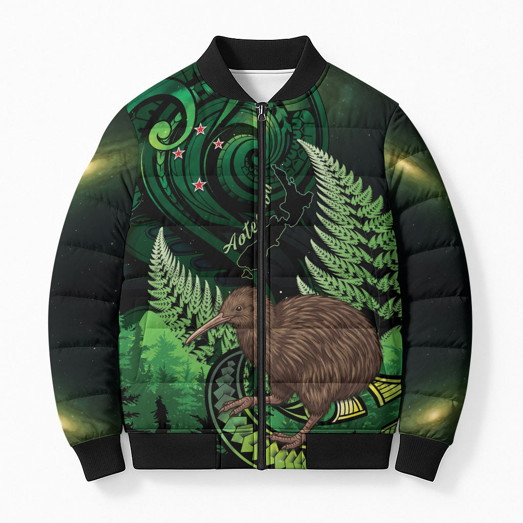 Kiwi New Zealand Personalised Bomber Puffer Jacket Aotearoa Map Silver Fern Koru Pattern LT22 Unisex Green - Polynesian Pride