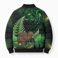 Kiwi New Zealand Personalised Bomber Puffer Jacket Aotearoa Map Silver Fern Koru Pattern LT22 - Polynesian Pride
