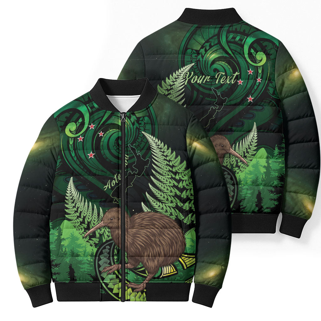 Kiwi New Zealand Personalised Bomber Puffer Jacket Aotearoa Map Silver Fern Koru Pattern LT22 - Polynesian Pride