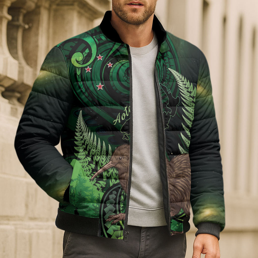 Kiwi New Zealand Personalised Bomber Puffer Jacket Aotearoa Map Silver Fern Koru Pattern LT22 - Polynesian Pride