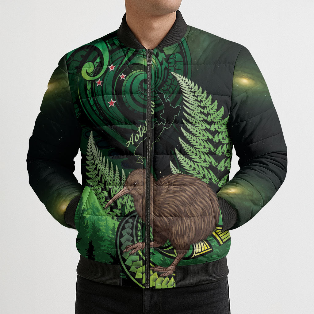 Kiwi New Zealand Personalised Bomber Puffer Jacket Aotearoa Map Silver Fern Koru Pattern LT22 - Polynesian Pride
