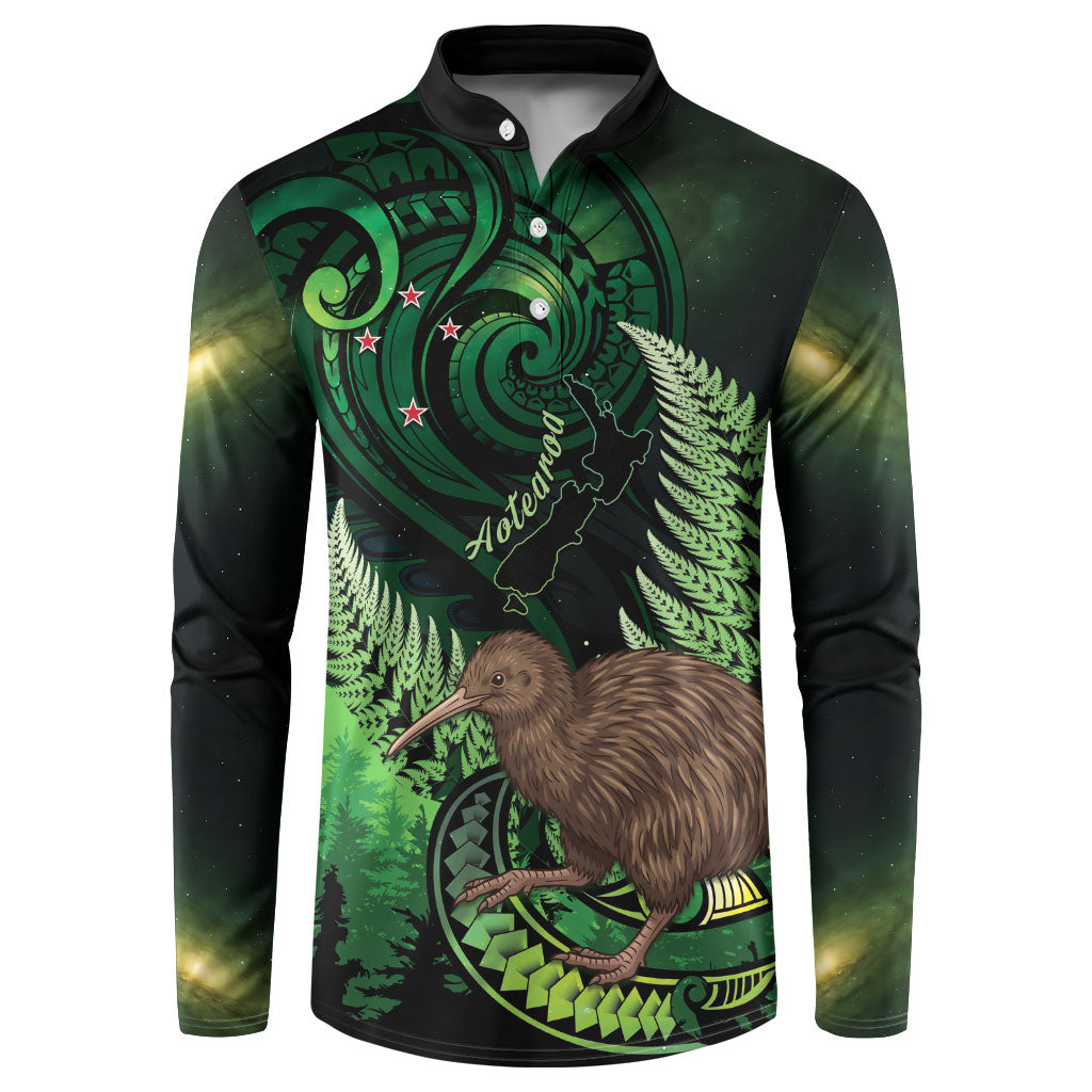 Kiwi New Zealand Personalised Button Sweatshirt Aotearoa Map Silver Fern Koru Pattern LT22 Green - Polynesian Pride