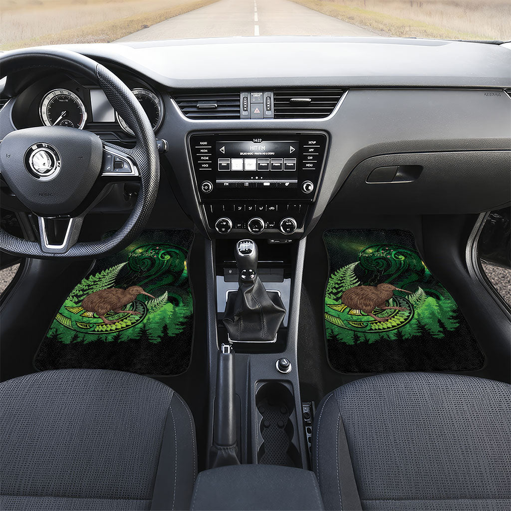 Kiwi New Zealand Personalised Car Mats Aotearoa Map Silver Fern Koru Pattern LT22 Set 2pcs - Front Green - Polynesian Pride