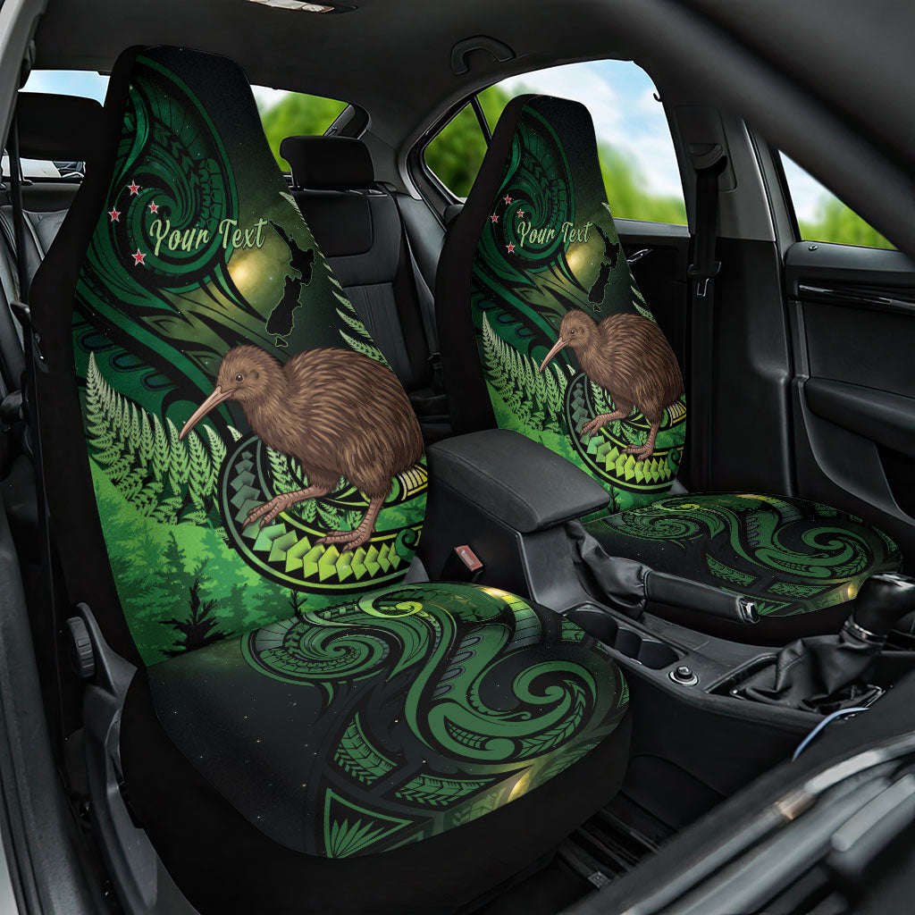 Kiwi New Zealand Personalised Car Seat Cover Aotearoa Map Silver Fern Koru Pattern LT22 One Size Green - Polynesian Pride