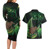 Kiwi New Zealand Personalised Couples Matching Long Sleeve Bodycon Dress and Hawaiian Shirt Aotearoa Map Silver Fern Koru Pattern