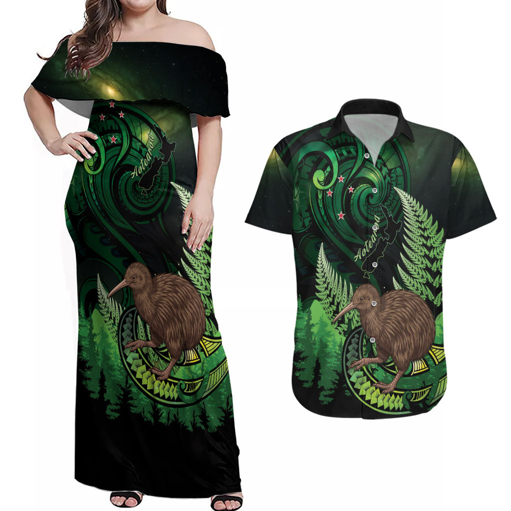 Kiwi New Zealand Personalised Couples Matching Off Shoulder Maxi Dress and Hawaiian Shirt Aotearoa Map Silver Fern Koru Pattern LT22 Green - Polynesian Pride
