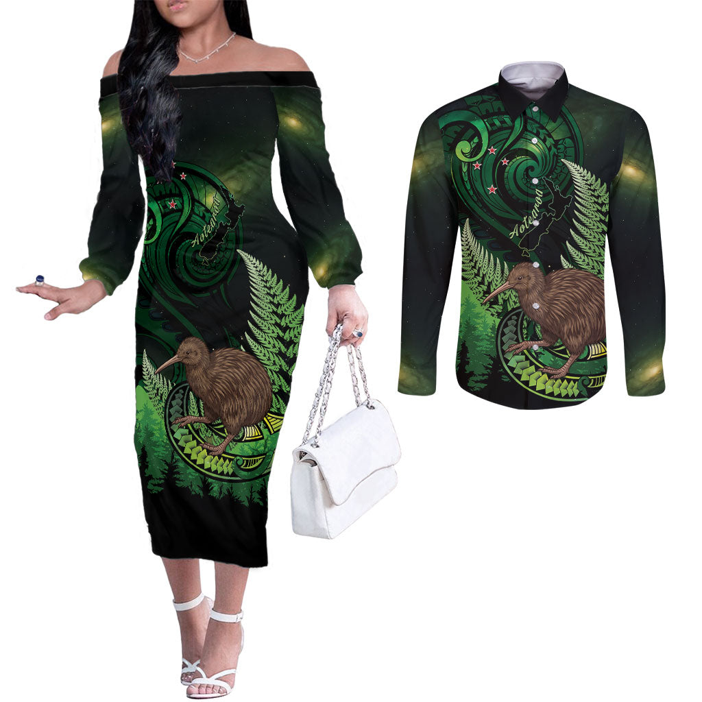 Kiwi New Zealand Personalised Couples Matching Off The Shoulder Long Sleeve Dress and Long Sleeve Button Shirt Aotearoa Map Silver Fern Koru Pattern LT22 Green - Polynesian Pride